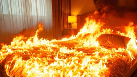 a bed that is on fire in a bedroom