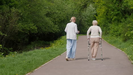 caregiver assisting elderly woman walking in a park