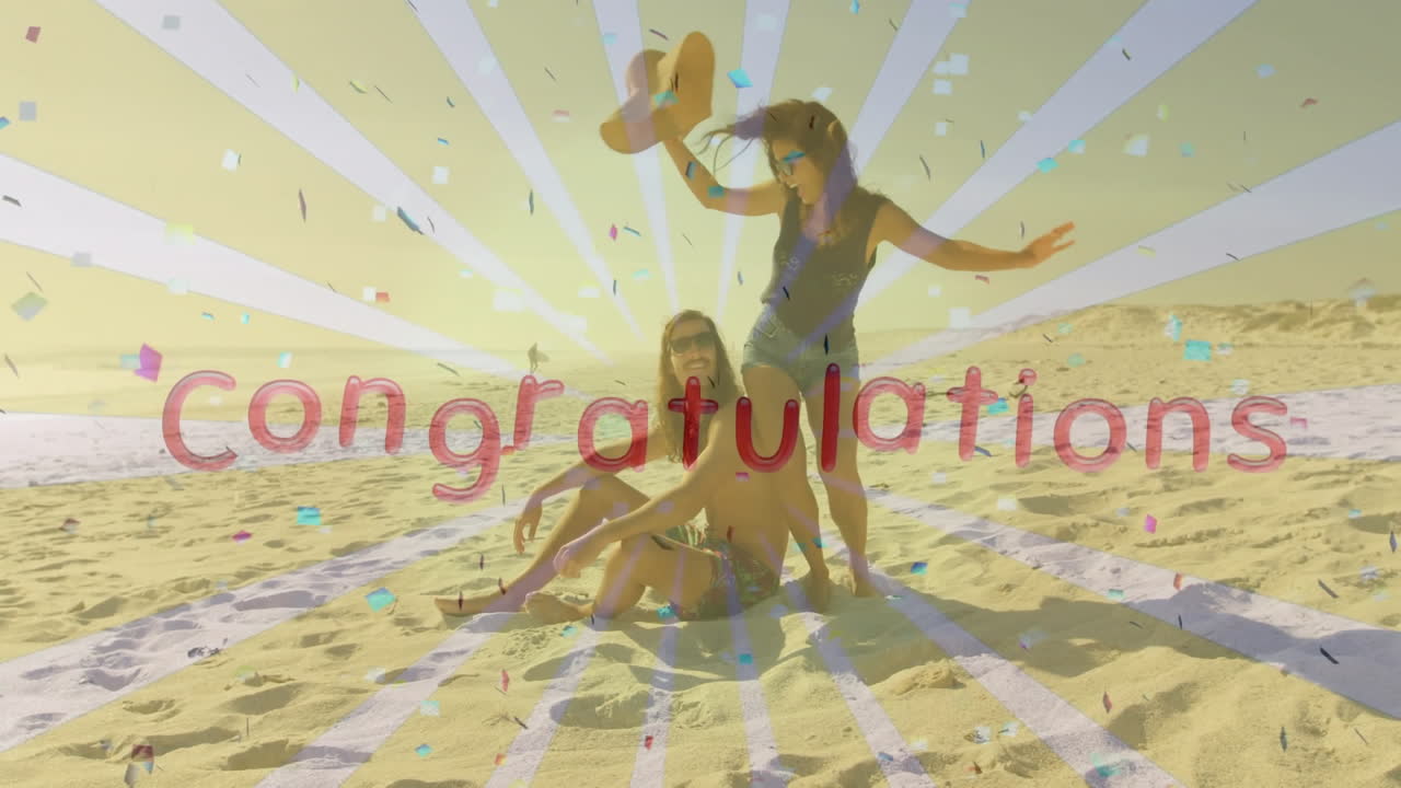 Women enjoying beach with Congratulations text and colorful confetti animation