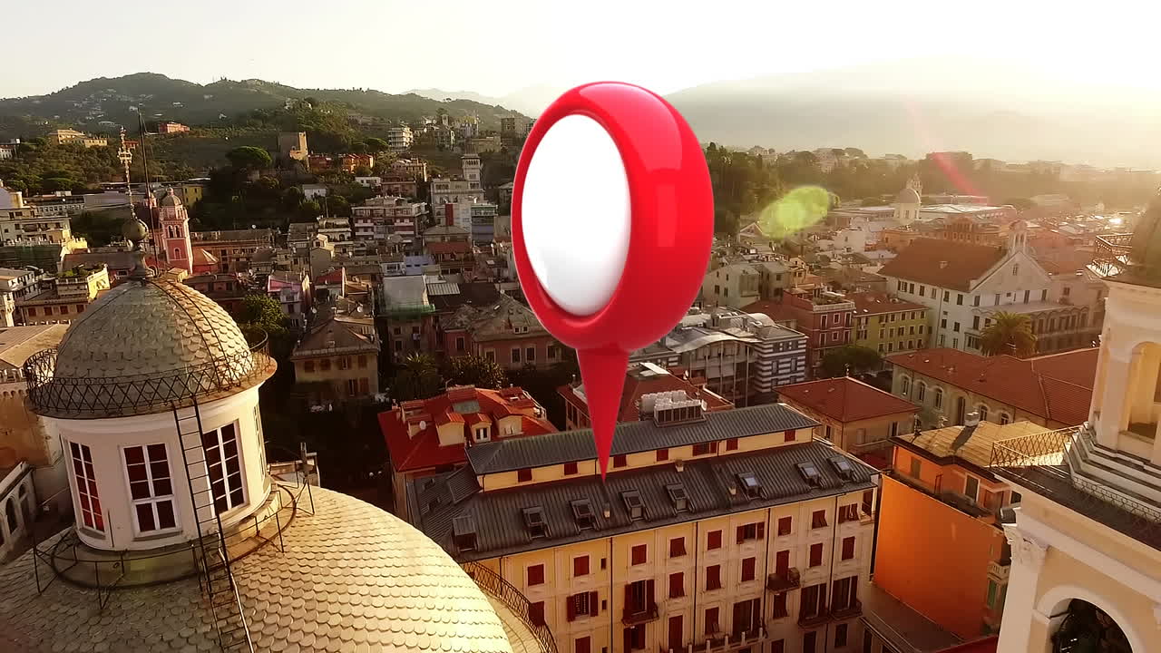 pin del mapa y una vista de una ciudad