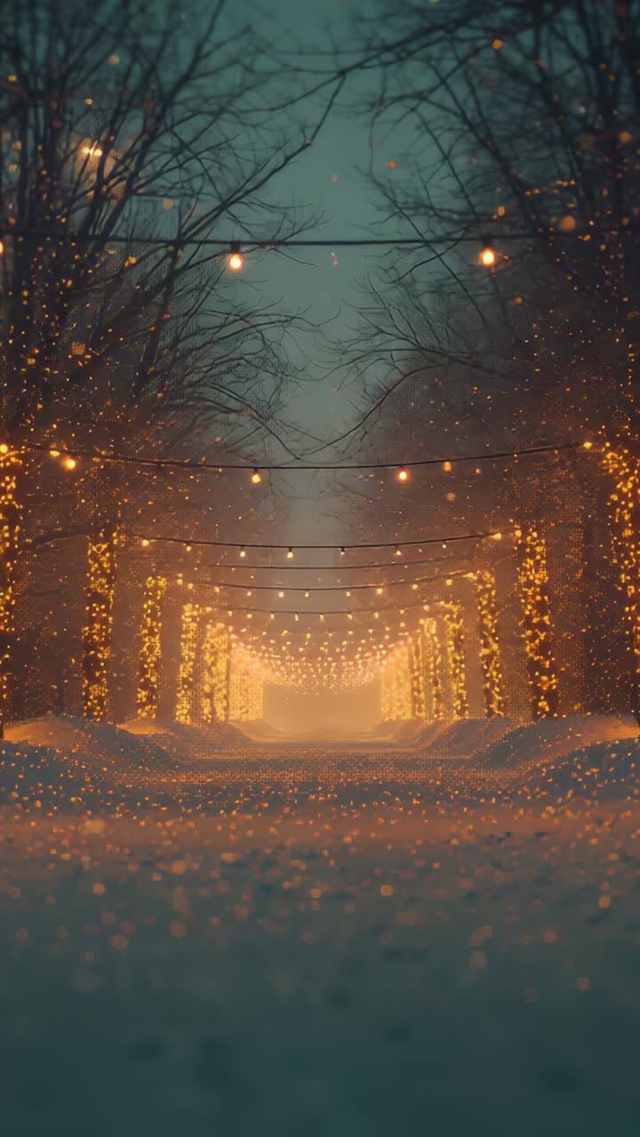Vertical video: Gliding camera revealing lit snow path in park to reveal glowing string lights