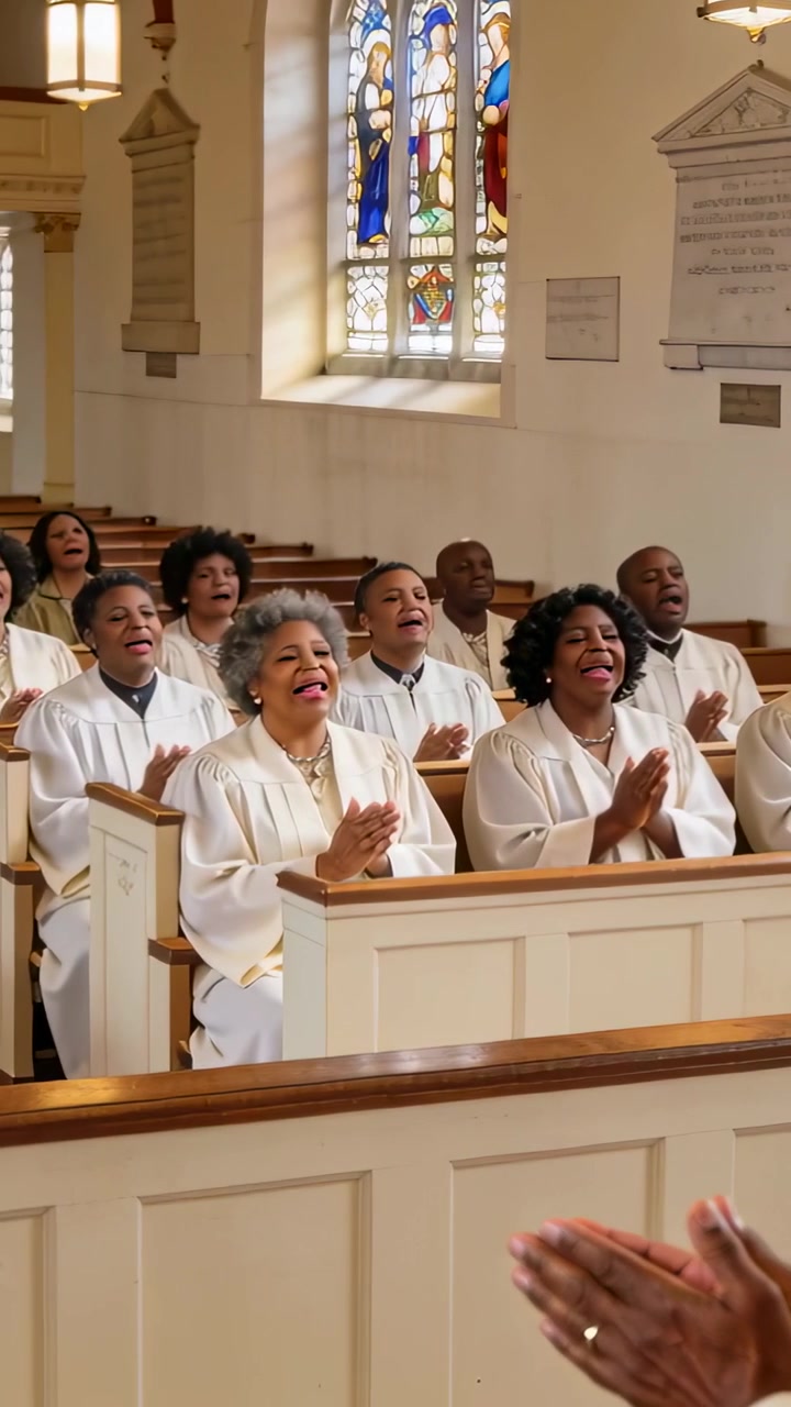 Vertical video: Singing, clapping choir following leader ringed hands cueing in church white robes