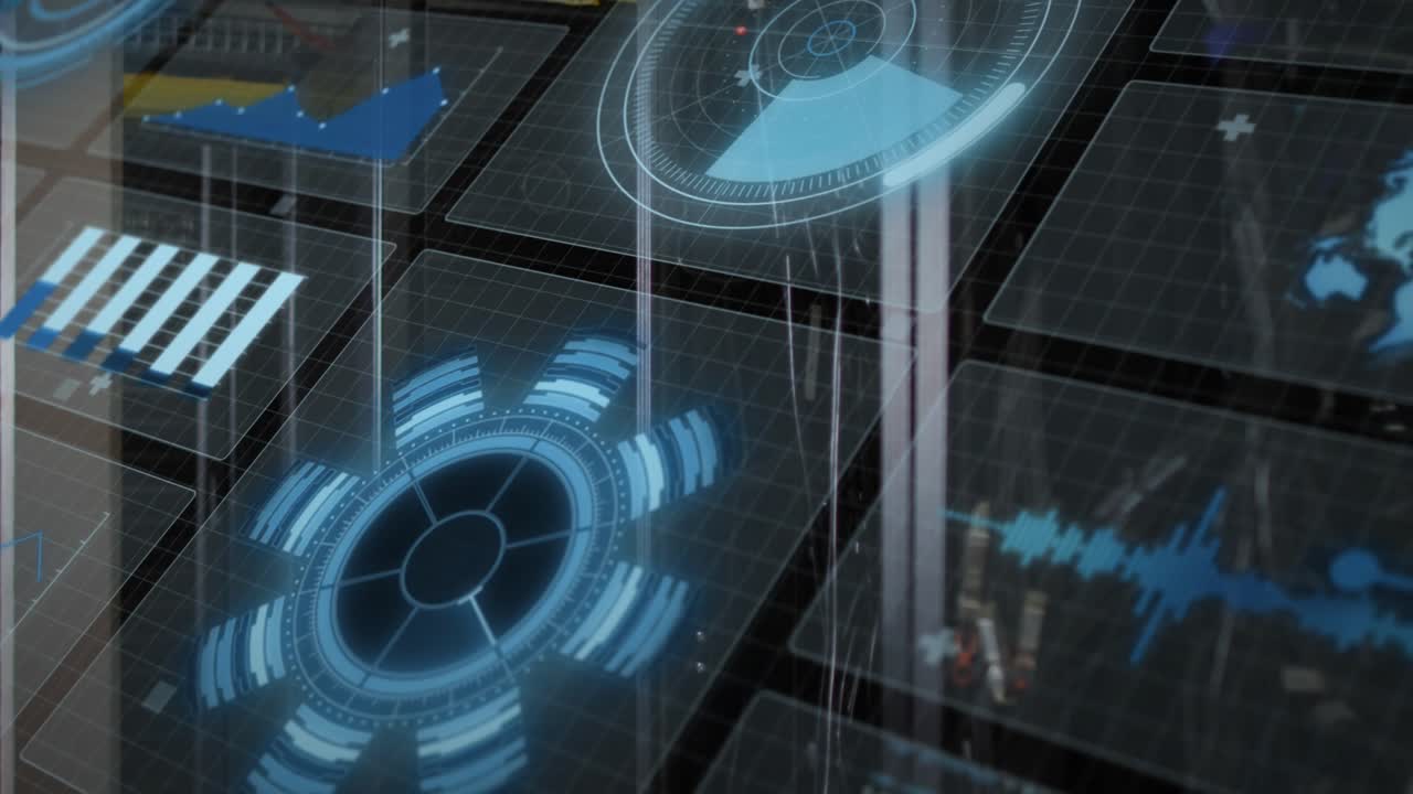 Animation of interface with data processing against close up of a computer server