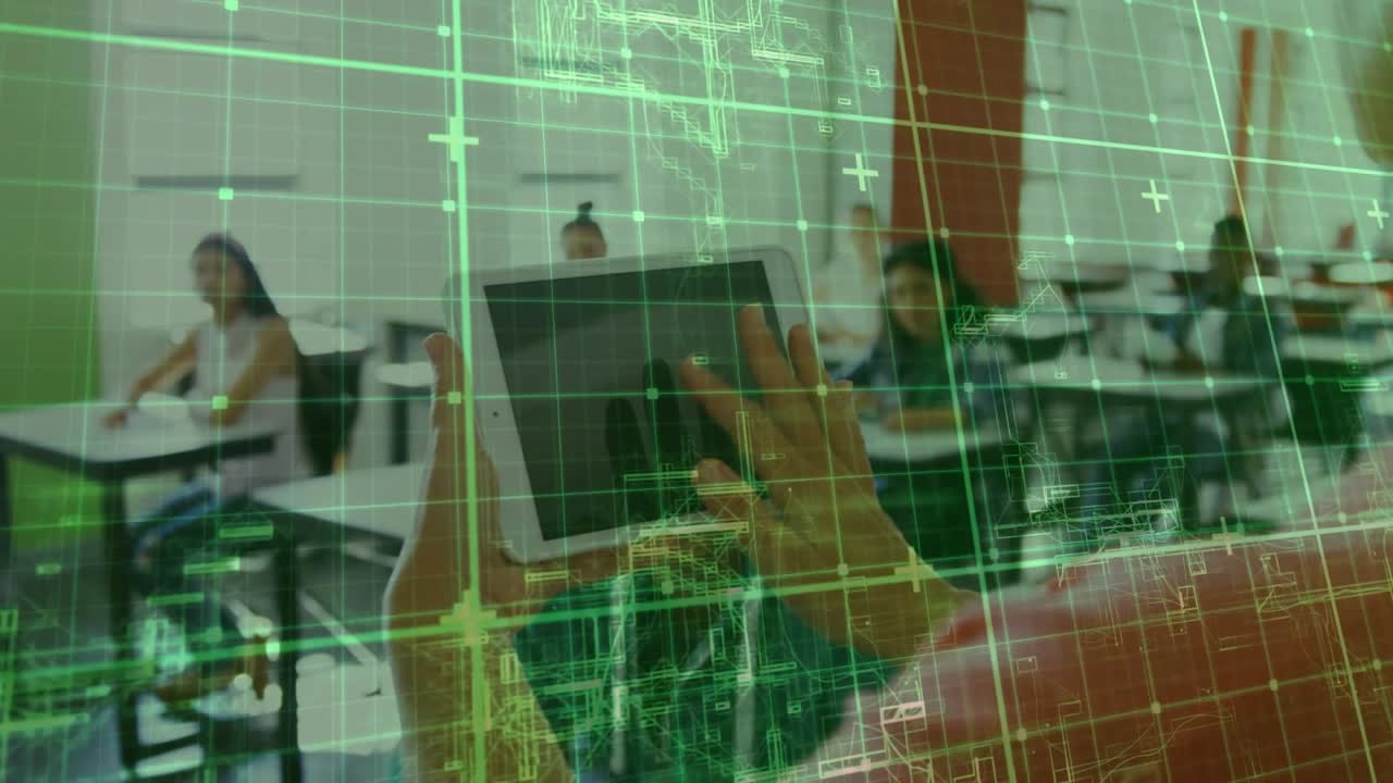 Tutor hands entering rotating tablet class watching holo green grid aligning with tablet for lesson
