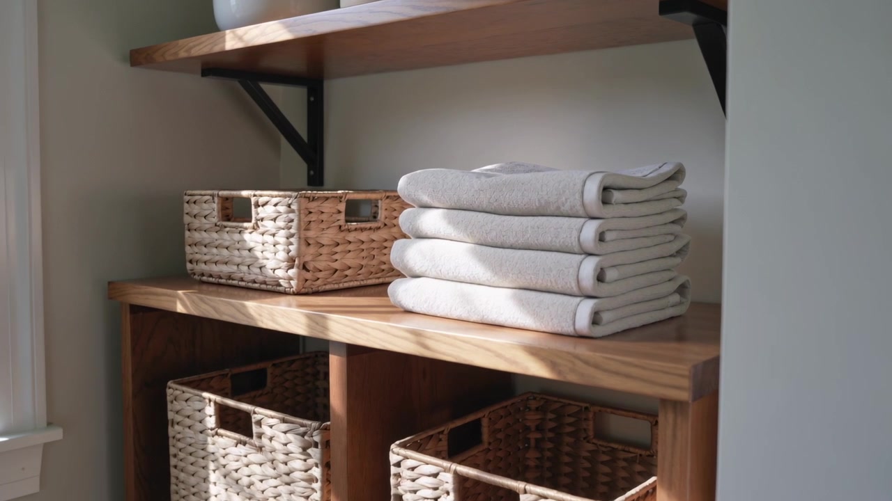 Panning camera revealing wooden shelving unit in home linen nook, showing towels, baskets, bracket