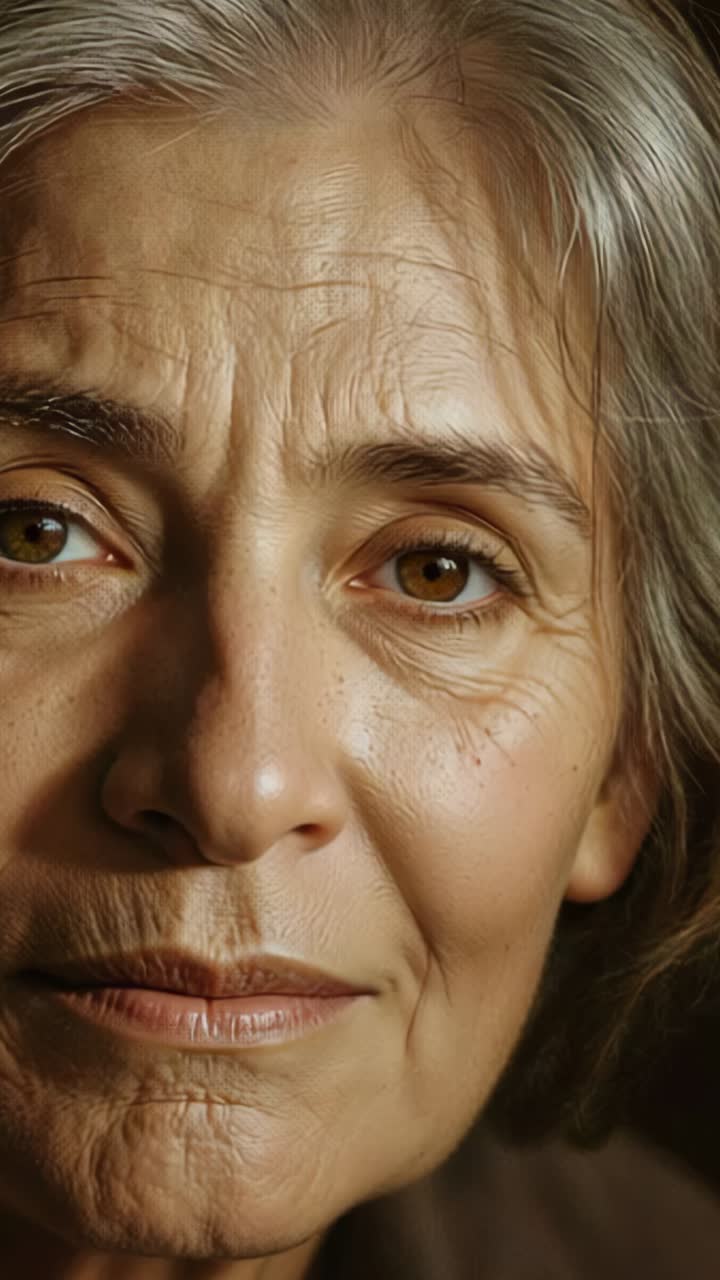 Vertical video: Opening close-up showing senior woman slowly lowering eyelids against dark backdrop