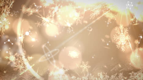 animation of snowflakes falling over molecules and gold background