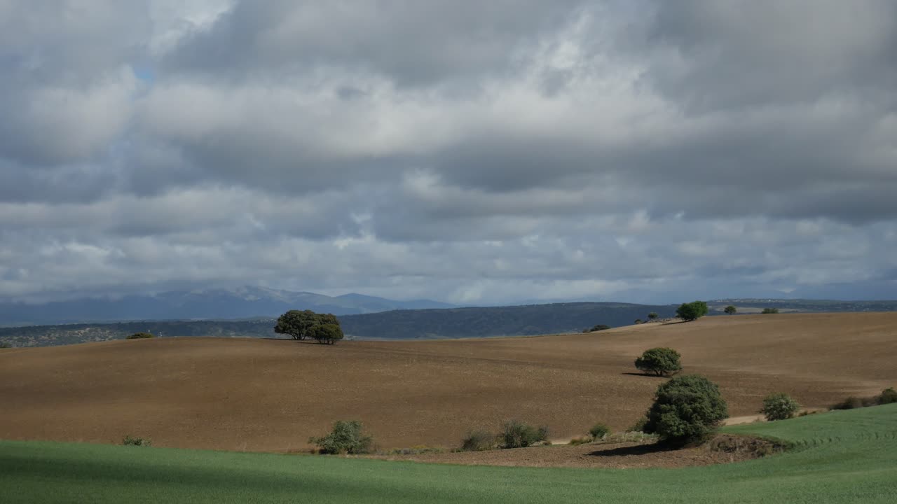 una toma relajante y pacífica de un campo arado y otra sección con hierba verde a través de la cual pasan las sombras de las nubes