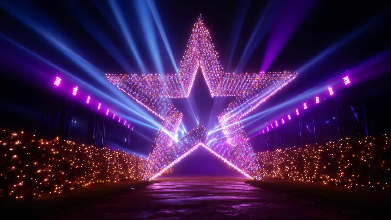 A Spectacular Display of Illumination Featuring a Large Star Structure Adorned with Luminous Lights, Setting a Magical Atmosphere Amidst the Evening Sky, Perfect for Celebrations and Events