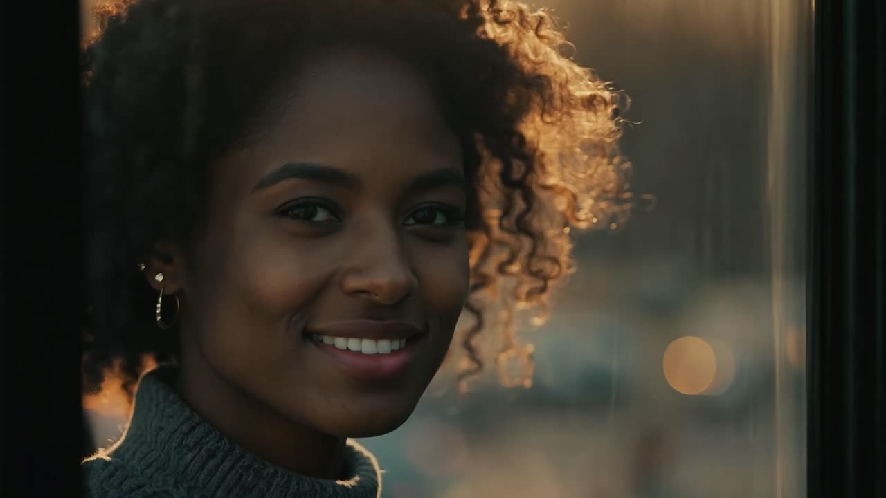 Close up of a young black woman with curly hair, smiling joyfully while basking in the warm glow of golden hour light, showcasing her natural beauty and radiant happiness