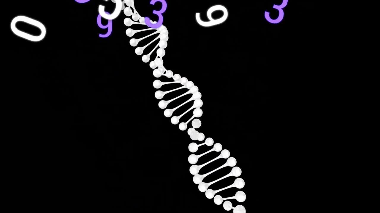 animación de números flotantes sobre la cepa de adn sobre un fondo negro