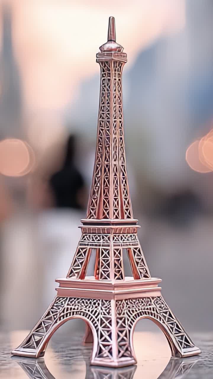 Una scultura in miniatura della Torre Eiffel splendidamente dettagliata ripresa contro uno sfondo leggermente sfocato, evidenziandone la struttura unica e il design intricato