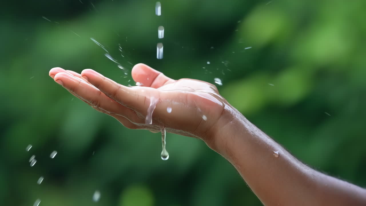 Water drops falling into a cupped hand