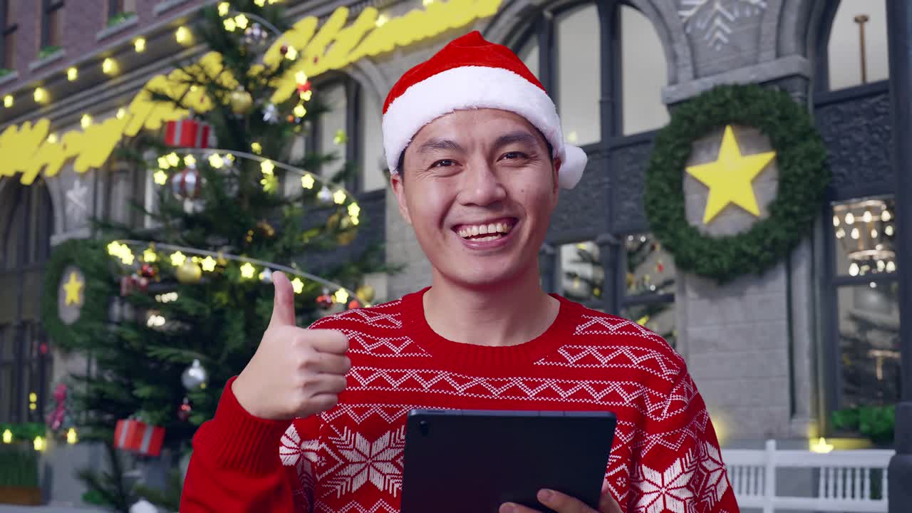 크리스마스 트리 앞 에 태블릿 을 들고 있는 사람