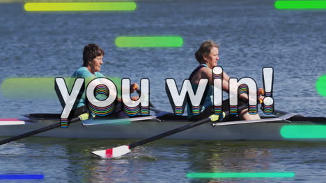 two women rowing double scull on calm water, showing fitness you win overlay and red buoy