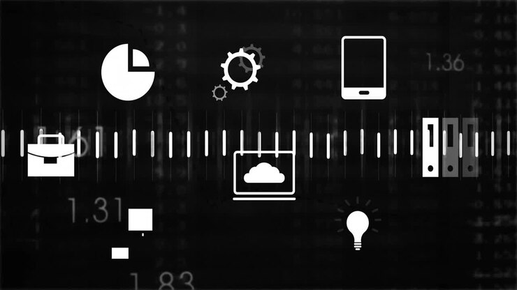 Animation of business icons financial data processing over black background