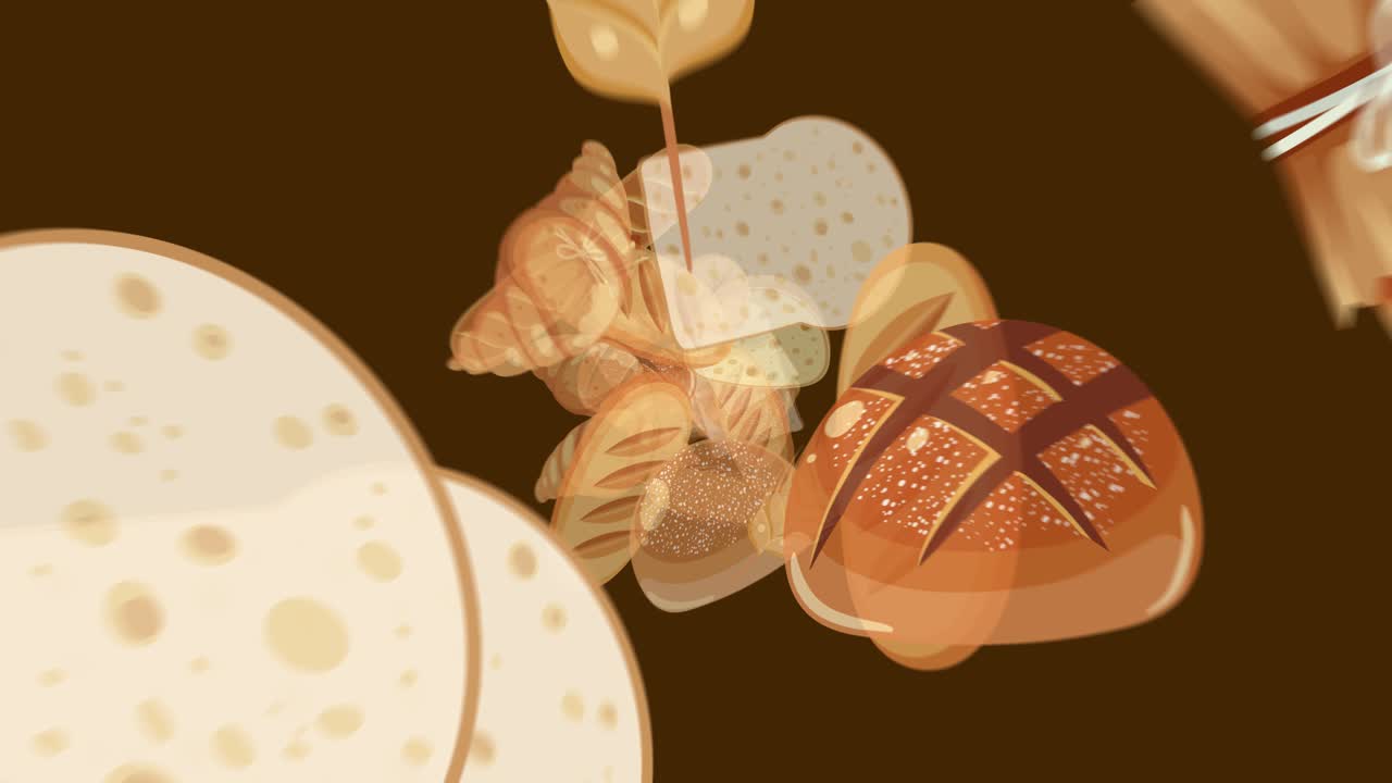 Various types of bread and cheese rotate and tumble in a seamless loop against a brown background, using smooth transitions and soft lighting in a flat vector style