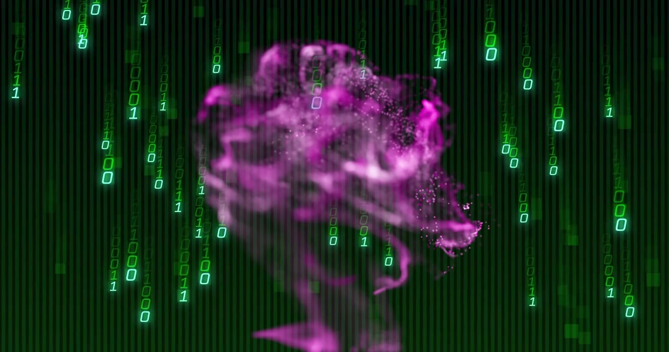Particle cloud materializing, rising and swirling while binary digits cascading showing data flow