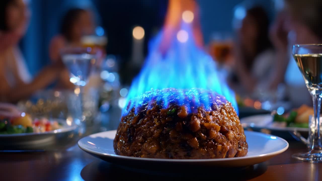 An Impressive Culinary Experience: A Flamb? Dish with Vibrant Blue Flames Captivates Diners in an Elegant Setting, Showcasing Rich Ingredients and Gastronomic Creativity