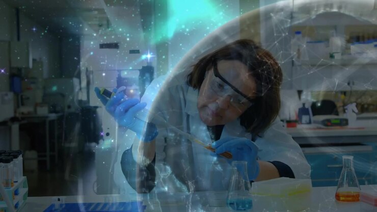 Cientista de laboratório alinhando pipeta na bancada, pipetando para testes enquanto uma sobreposição de estrelas do globo se ilumina.