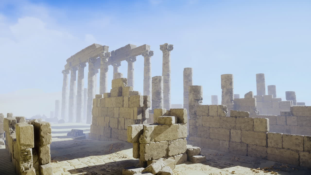 Ancient ruins with towering columns under a blue sky in a misty landscape