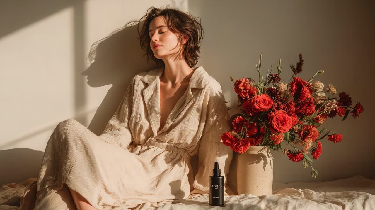Un momento di bellezza e relax: cattura una giovane donna con bouquet di fiori immersa nella luce soffusa del sole per un look fresco e naturale