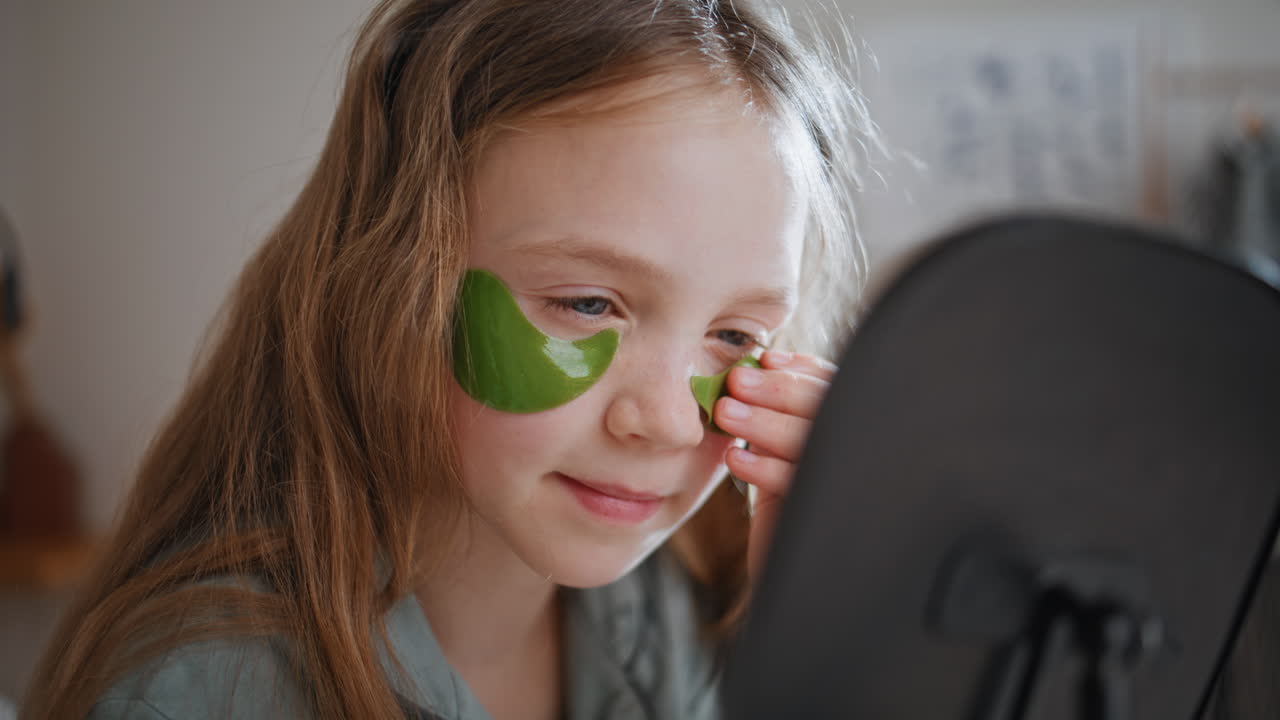 Closeup girl applying patches under eyes. Smiling happy child looking mirror