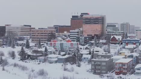 downtown anchorage alaska after snowstorm, drone establishing shot