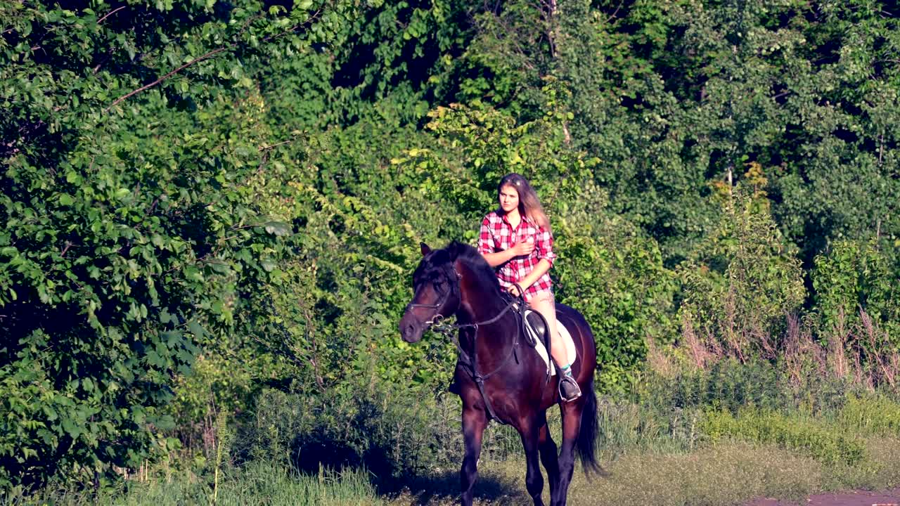 una joven rubia con una camisa a cuadros da un paseo con su caballo. una mujer está montando un caballo. noche soleada de verano.