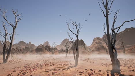 arid desert environment on day, with dead trees, mist, branches and leaves, birds flying above, 3d animation, animated scene, camera zoom in slowly