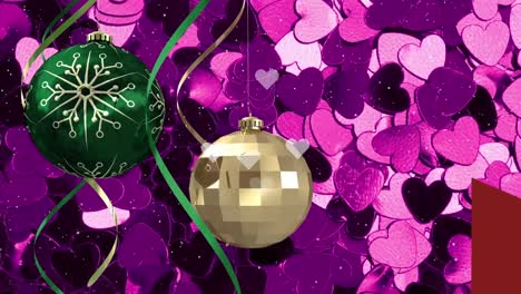 Animation-of-hanging-multicolored-baubles-with-ribbons-over-illuminated-heart-shape