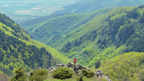 drone view of a woman at a viewpoint in the balkan mountains, bulgaria. the landscape features meadows, forests, and winding paths under a soft spring sky.