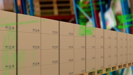 animation of data processing over cardboard boxes on conveyor belt in warehouse