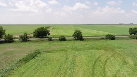 Luftaufnahmen-Von-Wunderschönen-Grünen-Feldern-Mit-Einem-Weißen-Lastwagen,-Der-An-Einem-Sonnigen-Tag-Mit-Blauem-Himmel-Hinter-Der-Drohne-Vorbeifährt