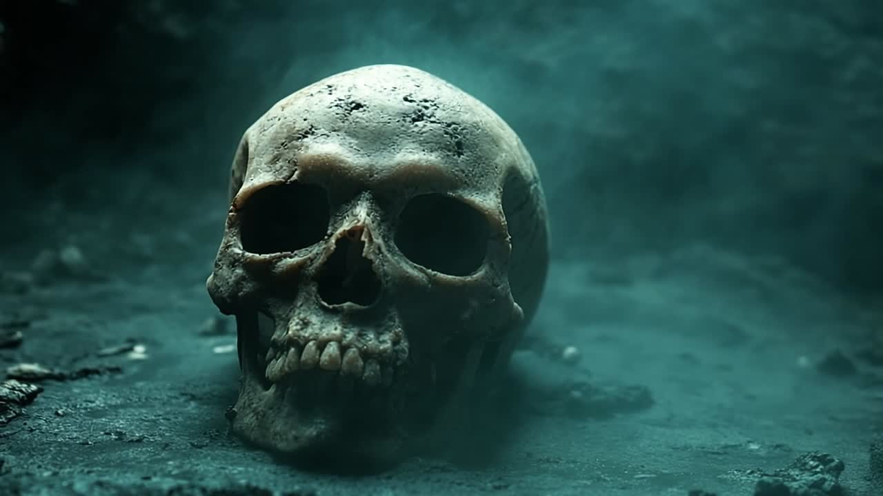 Skull resting on dark, smoky ground. A skull on a dark surface is enveloped in swirling smoke, creating a mysterious, dimly lit atmosphere.