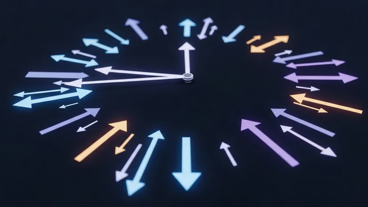 Exploring the Concept of Time Through Dynamic Arrows Representing Movement and Direction Against a Dark Background