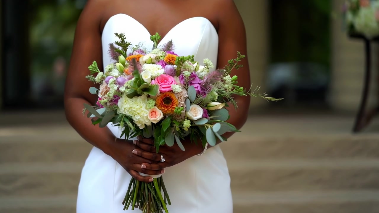 Ritratto di matrimonio all'aperto a mezzo busto mostra la sposa in un abito bianco senza spalline che tiene un grande bouquet misto all'altezza della vita, con le mani che stringono gli steli mentre il bouquet si posa delicatamente accanto ai gradini di pietra