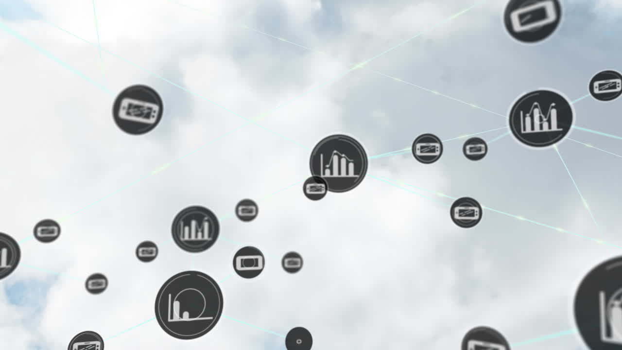 Animation of network of connections with icons over clouds on sky