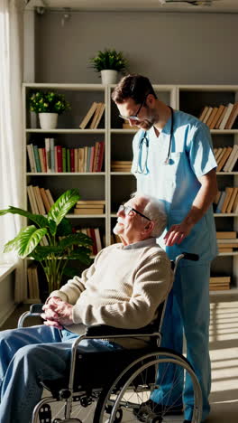 healthcare professional providing compassionate care to an elderly man in a wheelchair