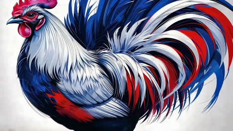 stylized rooster with red, white, and blue feathers