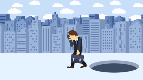 business man jump over the hole. background of buildings. risk concept. loop illustration in flat style.