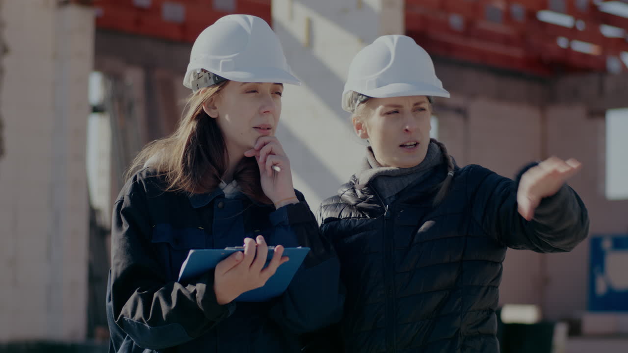 Confident young female engineer and supervisor wearing white hardhats discussing at construction site on sunny day