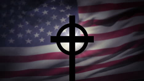 animation of christian cross over waving flag of usa