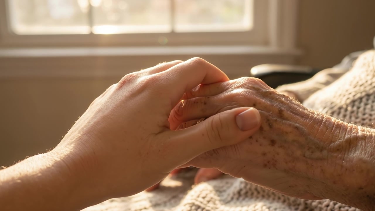 Primo piano della mano di una persona più giovane che tiene con cura una mano anziana e rugosa