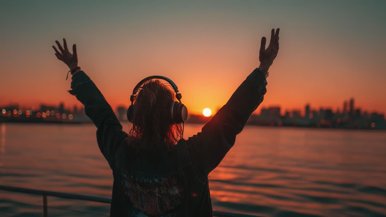 A Joyful Moment of Connection with Nature: Embracing the Sunset While Listening to Music, Arms Outstretched in Appreciation of the Beauty of the Evening Sky