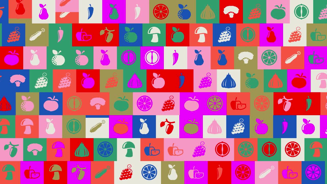 día vegetariano mundial. fondo. patrón sin costuras. animación de mosaico de bucle. pancarta o telón de fondo con iconos, logotipos o ilustraciones multicolores que parpadean