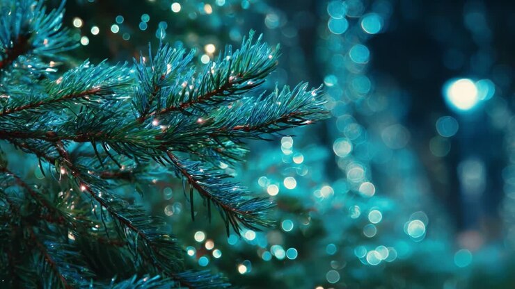 Enchanting Close-up of a Frosted Evergreen Branch with Twinkling Lights Creating a Magical Atmosphere in a Winter Wonderland Setting