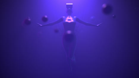 mujer con gafas vr flota en el espacio de neón con cables unidos a ella. concepto de avatar del metaverso. ilustración de cyberpunk ultravioleta. renderización 3d en bucle
