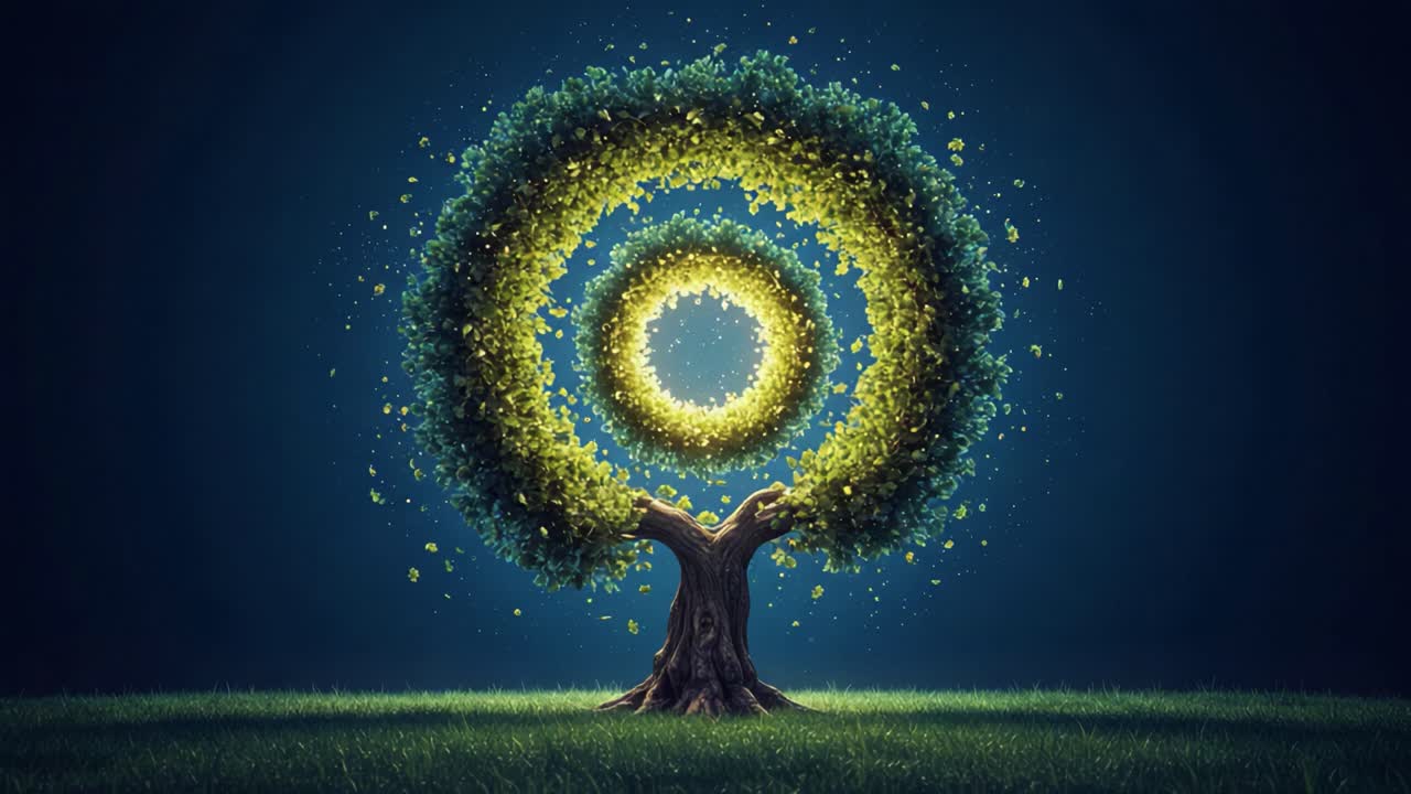 A Captivating Visualization of a Tree Surrounded by Spiraling Circles of Light and Foliage, Symbolizing Growth, Nature's Beauty, and the Cycle of Life