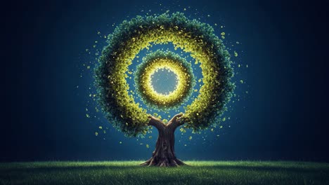 a captivating visualization of a tree surrounded by spiraling circles of light and foliage, symbolizing growth, nature's beauty, and the cycle of life